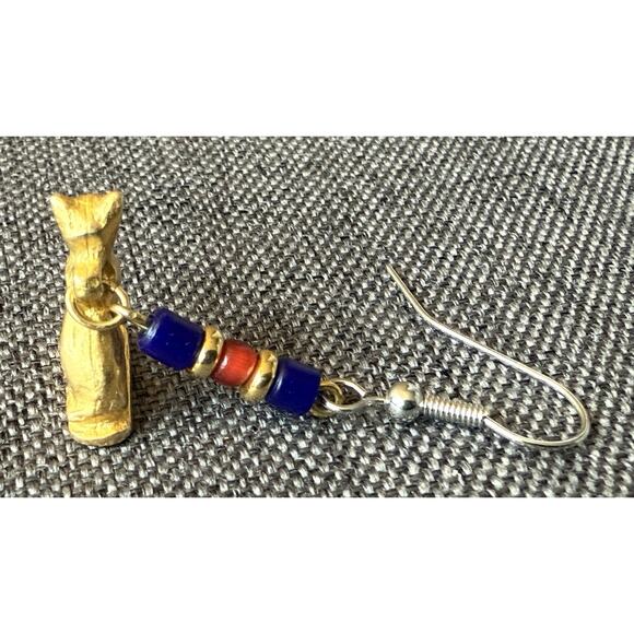 Egyptian Revival Cat Lover Bastet Dangle Pierced Earrings Pewter Carnelian Beads - Picture 10 of 11